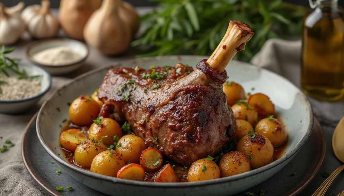 Un gigot d'agneau savoureux au four et ses pommes de terre dorées