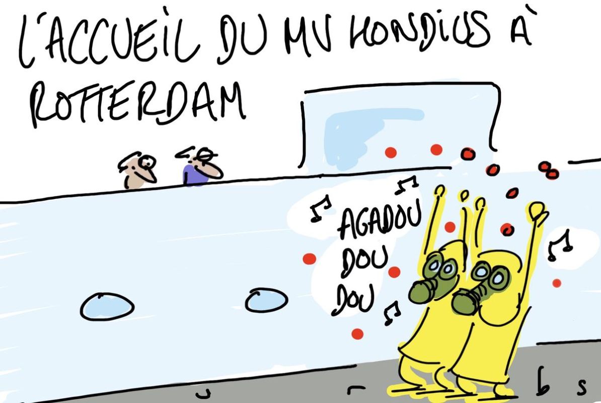 l'accueil chaleureux du MV Hondius à Rotterdam : un dessin de presse à découvrir