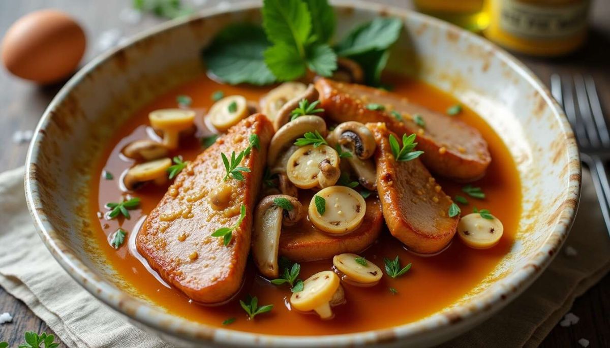 Un sauté de porc savoureux à la moutarde et aux champignons