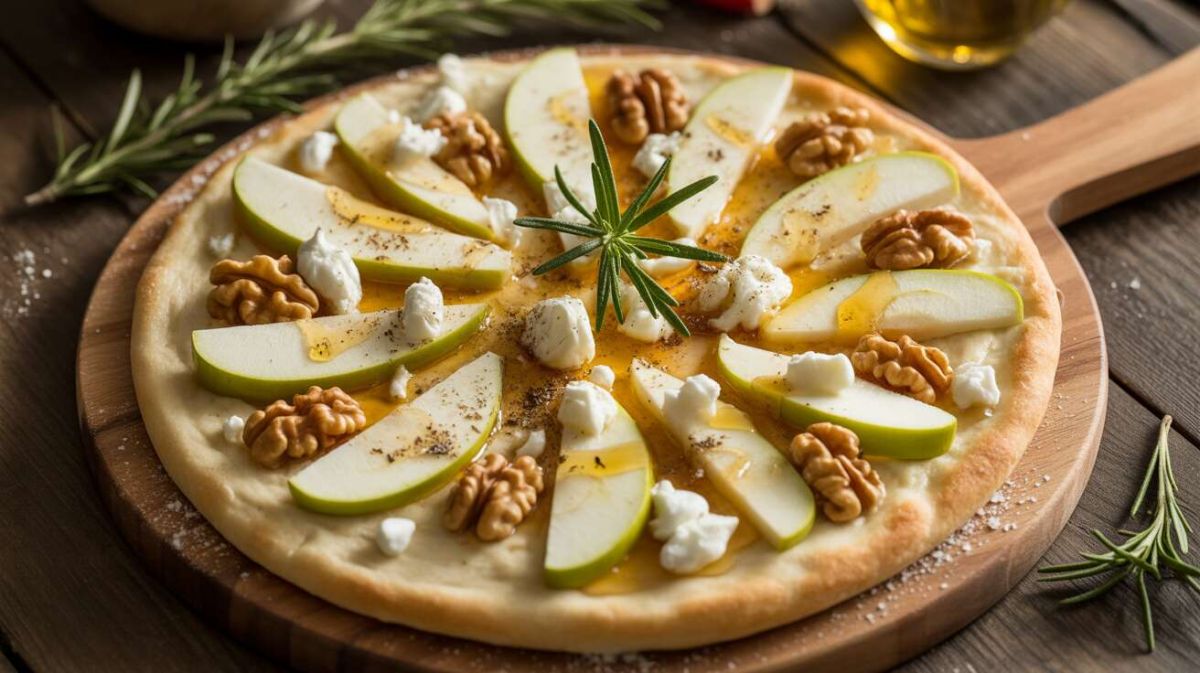 La pizza blanche revisitée : pommes, miel et fromage de chèvre frais