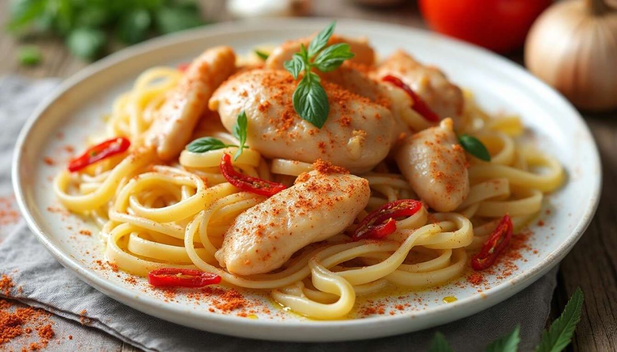 Pâtes légères au poulet : un délice épicé à découvrir